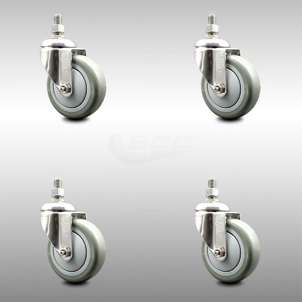 Service Caster 4 Inch 316SS Gray Polyurethane Wheel Swivel 12mm Threaded Stem Caster Set SCC-SS316TS20S414-PPUB-M1215-4 - main